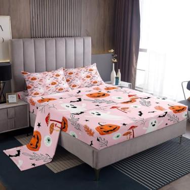 Imagem de Feelyou Jogo de lençol casal rosa de Halloween, fantasma, abóbora, para crianças, meninos, meninas, morcegos, olhos, cogumelos, folhas mortas, respirável, macio, leve e microfibra