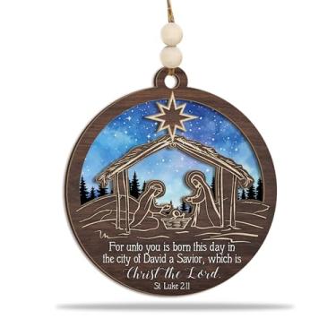 Imagem de Enfeite de Natal de Presépio – Decoração de Natal Religiosa Redonda de Madeira com Sagrada Família, Estrela de Belém e Escritura de Lucas 2:11 – Enfeite de Árvore de Natal Cristã e Lembrança da Fé