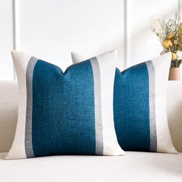 Imagem de Wosendy Capas de almofada de linho para casa, 50 x 50 cm, listradas, King Sham, capa de almofada marfim e azul marinho, capa de almofada decorativa moderna de casa de fazenda para sofá conjunto de 2