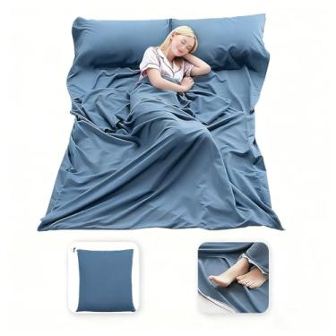 Imagem de MongByYa Forro de saco de dormir leve, compacto, saco de dormir, portátil, limpo, lençol de viagem, acampamento, lençol de dormir para mochilão, hotel, caminhada (azul místico, 210 x 180 cm)
