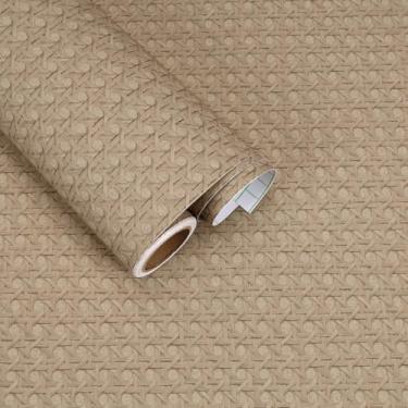 Imagem de FANCYEASY Papel de parede bege de ratã descasque e cole papel de contato de trama de cana de vime para móveis de armário removível não texturizado papel de parede de tecido falso autoadesivo vinil