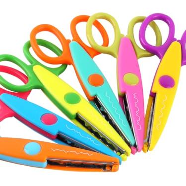 Imagem de amassan Pacote com 6 tesouras artesanais, bordas decorativas, tesouras de segurança de 12 cm, tesouras coloridas em ziguezague, tesouras de papel sortidas para escritório, escola, álbum de recortes