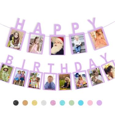 Imagem de RCHBUDI Banner de foto de aniversário e moldura para fotos adequado para crianças e adultos decoração de festa de aniversário fundo roxo bebê