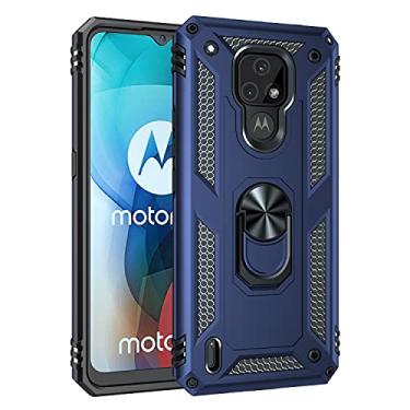 Imagem de SORAKA Capa para Motorola Moto E7 com suporte de anel, capa protetora para Motorola Moto E7, capa traseira de policarbonato rígido com placa de metal para suporte magnético de telefone carro azul