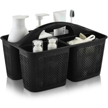 Imagem de Cesto de chuveiro preto de plástico, cesta de chuveiro portátil de limpeza dividida com compartimentos de alça organizador de armazenamento para banheiro, faculdade, cozinha, itens essenciais de