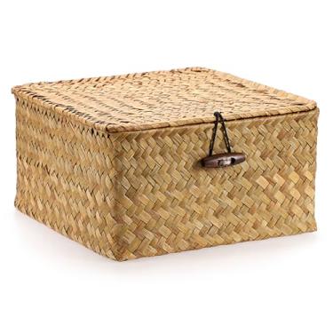 Imagem de Hipiwe Cesto de vime com tampa, quadrado, tecido à mão, recipiente decorativo de armazenamento doméstico multiuso para estante de livros, sala de estar, banheiro, pequeno caramelo