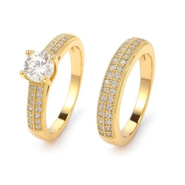 Imagem de Anel Solitário com aparador 2 Peças duplo banhadas a Ouro 18K com Pedras em Zircônia Cravejado + caixinha vermelha (24)