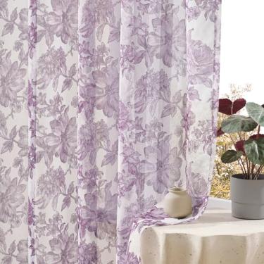 Imagem de Cortinas florais de 153 cm de comprimento, 2 painéis para quarto, românticas, princesas, lilás para quarto de meninas, bolso de varão, cortinas de janela com filtro de luz, roxo e rosa, 132 x 163 cm