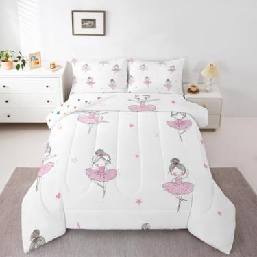 Imagem de Erosebridal Jogo de cama kawaii para meninas de balé, rosa e solteiro, 2 peças, corações fofos, estrelas, conjunto de cama com desenho animado de dançarina, edredom branco, microfibra