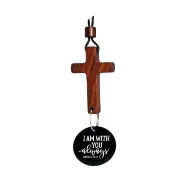 Imagem de Enfeite de cruz de espelho retrovisor preto para versículo bíblico diário, toque ou escaneie as escrituras no telefone, pingente de carro pendurado com medalhão "I Am with You Always", presente