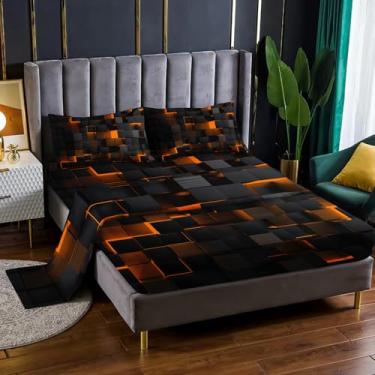 Imagem de Jogo de lençol geométrico, 4 peças, solteiro, laranja, preto, com bolsos profundos de 41 cm, para decoração de quarto de crianças e adultos, 4 peças (1 lençol com elástico + 1 lençol + 2 fronhas)