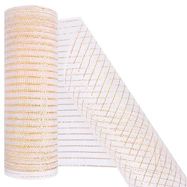 Imagem de MIKIMIQI Deco Mesh Fita de malha decorativa de 25,4 cm x 7,6 m com fita decorativa de folha metálica para grinaldas de primavera, grinaldas, artesanato, decoração de festa (ouro branco)