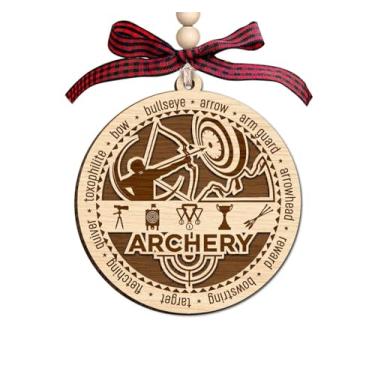 Imagem de Ornamento de tiro com arco e flecha, design de madeira de 2 camadas - decoração temática de férias para arqueiros - lembrança de árvore de Natal para entusiastas de tiro com arco - Enfeite