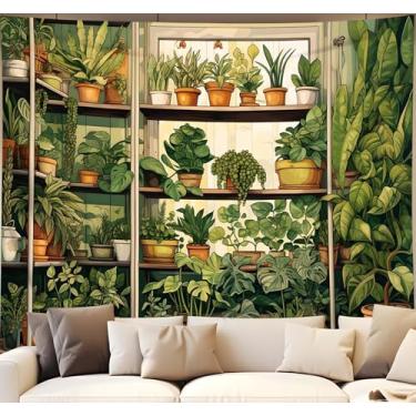 Imagem de QGHOT Tapeçaria de planta, tapeçaria botânica verde para parede, plantas vintage tapeçarias de prateleira de madeira para quarto janela sala de aula sala de estar cottagecore vaso planta pano de fundo