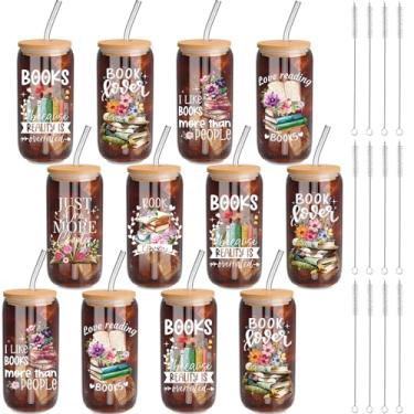 Imagem de Yetene 12 peças de presentes para amantes de livros para mulheres leitoras de livros copos de vidro de 473 ml com tampas canudos clube de livro Bibliotecária presentes de agradecimento para