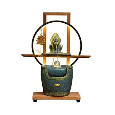 Imagem de XFNVXC Fonte decorativa interna de cerâmica para mesa de água corrente ornamento de mesa de sala de estar Feng Shui decoração com luz LED redonda e base de madeira Rockery Fountain Home