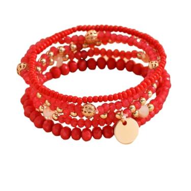 Imagem de ChungLong0593 Conjunto de pulseiras de contas empilháveis Boho – 5 peças de pulseiras elásticas coloridas em camadas com moeda de detalhes dourados, joias modernas de verão para mulheres, Medium