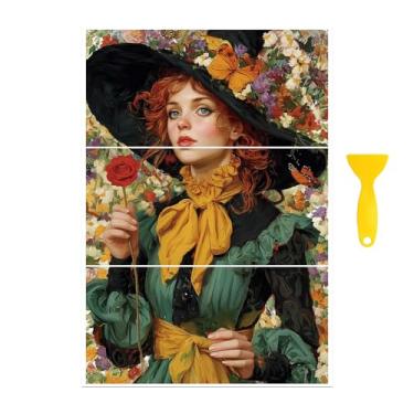 Imagem de Peacoblue Adesivo decalque de transferência para decoração de móveis artesanato 15 x 30 cm bruxa com chapéu de flor, 3 peças à prova d'água UV DTF transferência para gaveta cômoda vidro porcelana