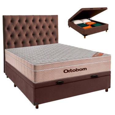 Imagem de Cama Box Bau + Colchão Casal Ortobom Molas Ensacadas Airtech + Cabeceira Estofada