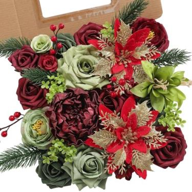 Imagem de YiYunFloral Flores artificiais de Natal, rosas falsas de seda com hastes para decoração de guirlanda de árvore de Natal, arranjo floral, mesa de bolo, buquê de casamento, chá de bebê, festa de