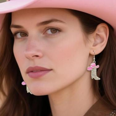 Imagem de Brincos femininos com strass, estilo independente, vaqueira, cowboy, esmaltado, boêmio, rodeio, bota, brincos pendentes para mulheres, cristal transparente, chapéu rosa pérola