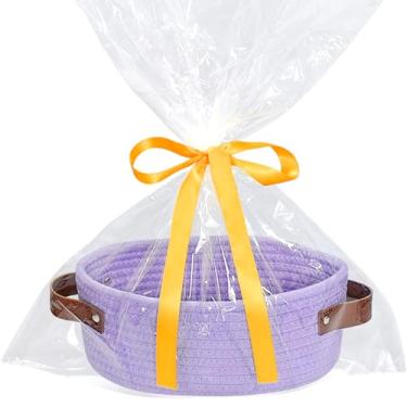 Imagem de Cesta pequena de tecido com saco de presente e fita, mini cesta de armazenamento de corda de algodão, linda cesta de prateleira pequena, recipiente de presente vazio decorativo Boho