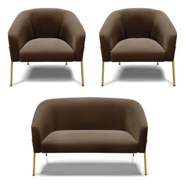 Imagem de Sofá Namoradeira E 2 Poltronas Pé De Ferro Dourado Stella Suede D03 - D'rossi Cor Marrom