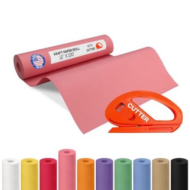 Imagem de Rolo de papel kraft rosa 30,5 cm x 30,5 m com cortador - Papel de embrulho feito nos EUA para embalagem, mudança, envio e artesanato/artes - Material de artesanato natural 100% reciclável da IDL