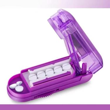 Imagem de Cortador de comprimidos para comprimidos pequenos e pequenos, cortador de comprimidos ajustável que pode cortar vários comprimidos ao meio ao mesmo tempo, com lâmina de segurança afiada - roxo