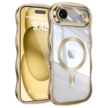 Imagem de UEEBAI Capa para iPhone Air, linda capa de celular magnética com moldura ondulada compatível com Magsafe capa de proteção completa para câmera macia galvanizada para mulheres e meninas - dourada