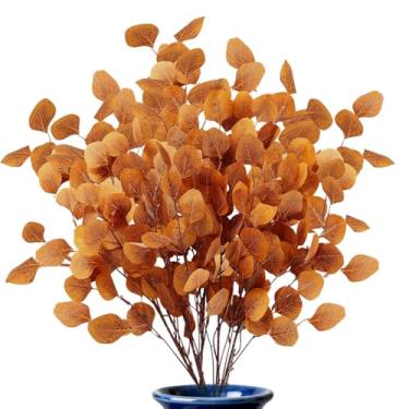 Imagem de Flores de outono artificiais para decoração ao ar livre, decoração de outono, 6 pacotes de hastes de eucalipto laranja, resistentes a UV, plantas artificiais de outono para casa, varanda, pátio