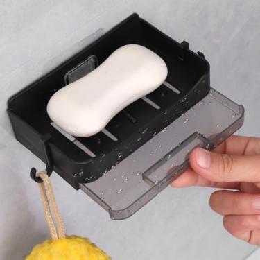 Imagem de Saboneteira de banheiro com gancho sem perfuração, suporte de esponja montado na parede, caixa de armazenamento, saboneteira de drenagem dupla, acessórios de banheiro (preto)