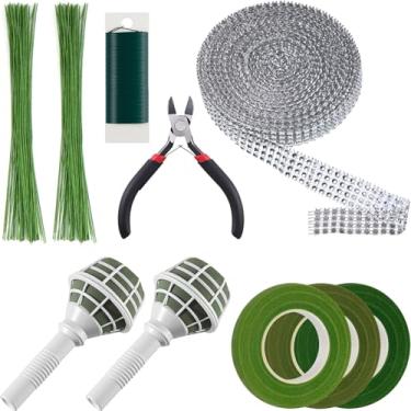 Imagem de AceOrbit 9 peças de suprimentos para fazer buquê de casamento faça você mesmo, conjunto de ferramentas florais de espuma floral de plástico para buquês, cortadores de arame de plástico, fio, fita