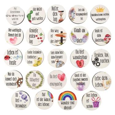 Imagem de 24 peças de pingentes redondos da sorte de madeira com frases inspiradoras, lembrancinhas de festa para crianças