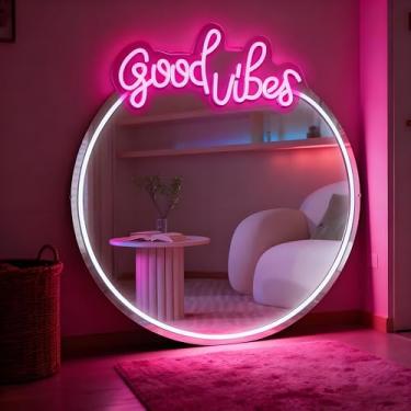 Imagem de Neonawall Espelho de vaidade Good Vibes com luzes, sinal de néon de banheiro, alimentado por USB, espelhos neon montados na parede rosa e branco, luz espelhada neon