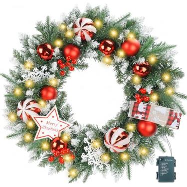 Imagem de MHMJON Guirlanda de Natal artificial pré-iluminada, guirlanda de decoração de porta de Natal de 52 polegadas com luzes quentes de 50 LEDs, bolas de Natal, laços, neves e frutas vermelhas para