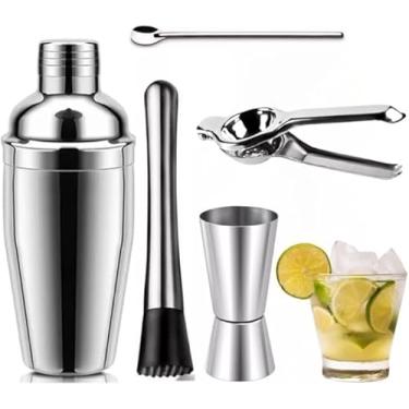 Imagem de Kit Caipirinha Profissional, 750ml, Kit Coqueteleira 5 Peças em Aço Inox, Shaker com Medidor e Acessórios para Bar