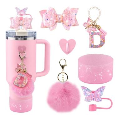 Imagem de Conjunto de 6 peças de acessórios de copo Stanley rosa - tampa de cobertura de palha de borboleta, laço brilhante para canudo, bota de silicone brilhante, pingente de letra e pompom para copos satnley