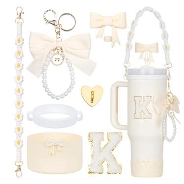 Imagem de Rabrgab Conjunto de acessórios para copo Stanley branco com 7 peças – topo de palha com laço, pingente de laço fofo, bota de silicone com design de laço, alça de alça de garrafa de água e adesivo de