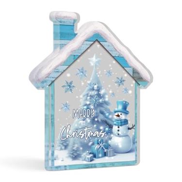 Imagem de Putuo Decor Placa de mesa acrílica de Natal, decoração de feliz Natal com árvore azul de boneco de neve, ornamento em forma de casa para exibição de escritório em casa