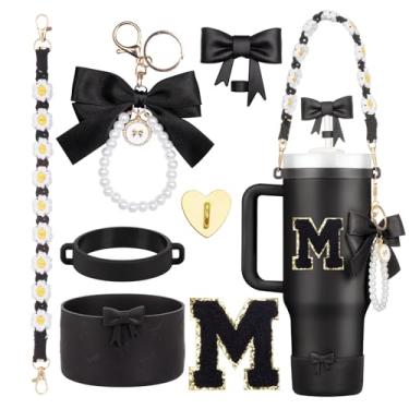 Imagem de Rabrgab Conjunto de acessórios para copos Stanley pretos de 7 peças – topo de palha com laço, pingente de laço fofo, bota de silicone com design de laço, alça de alça de garrafa de água e adesivo de