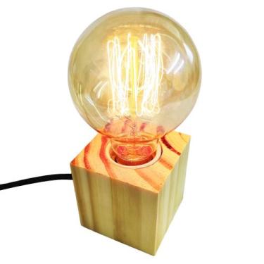 Imagem de Abajur Rústico Madeira Pinus Cubo Quadrado Luminária de mesa - IluminA