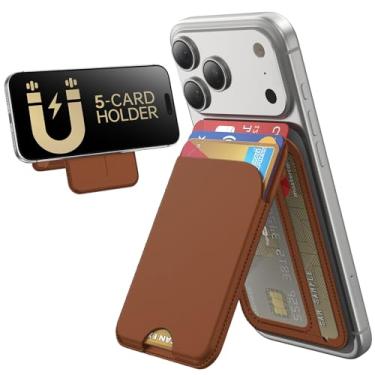 Imagem de TWZKG Carteira MagSafe, 5 porta-cartões com suporte, suporte magnético para iPhone 17/16/15/14/13/12 Pro Max Air Plus, couro vegano com bloqueio de RFID, marrom