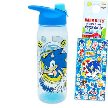Imagem de Sonic The Hedgehog Pacote de garrafa de água - Conjunto de material escolar de videogame com copo de 590 ml, adesivos, mais | Garrafa de água sônica para crianças, meninos, meninas