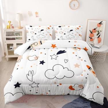 Imagem de Conjunto de edredom espacial, tamanho casal, para crianças, adolescentes e adultos, com estampa de foguetes e nuvens, 100% microfibra macia, conjunto de colcha com 1 edredom e 2 fronhas