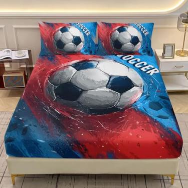 Imagem de AILONEN Jogo de lençol solteiro de futebol, vermelho e azul, para crianças, meninos, lençol com elástico e 2 fronhas, 3 peças