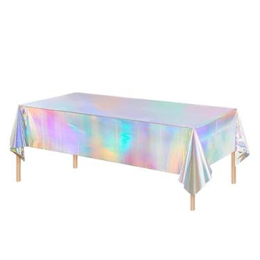 Imagem de 1 pacote de toalhas de mesa de plástico iridescente, descartáveis, retangulares, discotecas de aniversário, despedida de solteira, casamento, arco-íris, decorações de festa iridescentes 137 x 274 cm