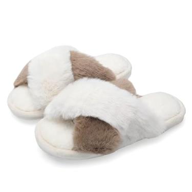 Imagem de Pantufas femininas fofas com faixa cruzada com espuma viscoelástica felpuda para quarto, bico aberto, confortável para uso interno e externo, Whitecamel, 5-6