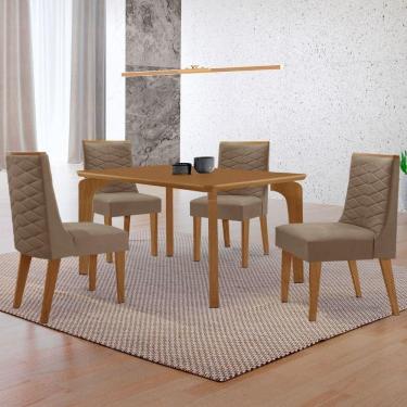 Imagem de Mesa Liz 120 Mdf Canto Copo E Com 4 Cadeiras Safira Veludo Capuccino Naturalle
