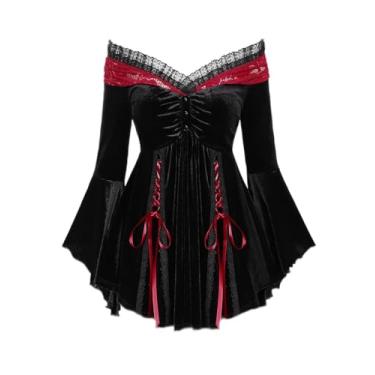 Imagem de ROSE GAL Rosegal Camiseta feminina plus size romântica gótica com cadarço painel de renda franzida mangas de sino de veludo, Preto 2, 4X